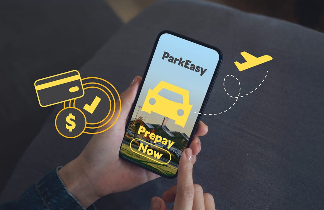 ParkEasy graphic of a hand holding a mobile phone with icons for a credit card, dollar symbol and a tick.